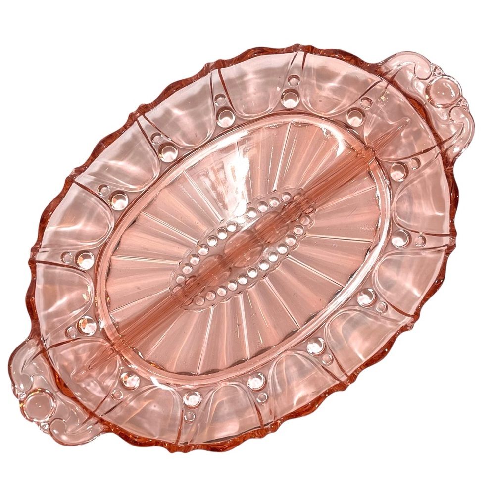 Vintage 1930s Anchor Hocking Relish Dish Depression Glass Oyster and Pearl